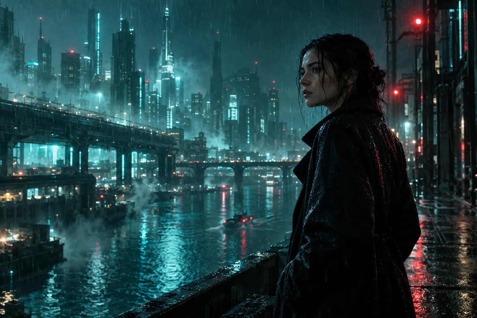 一个女人在夜里 看着一个雨淋着的夜光之城