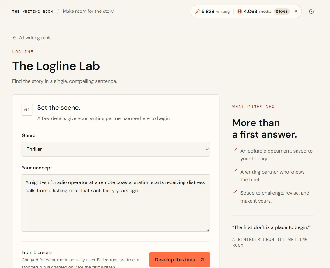The Logline Lab brief with genre Thriller, the radio-operator concept filled in, and the Develop this idea button