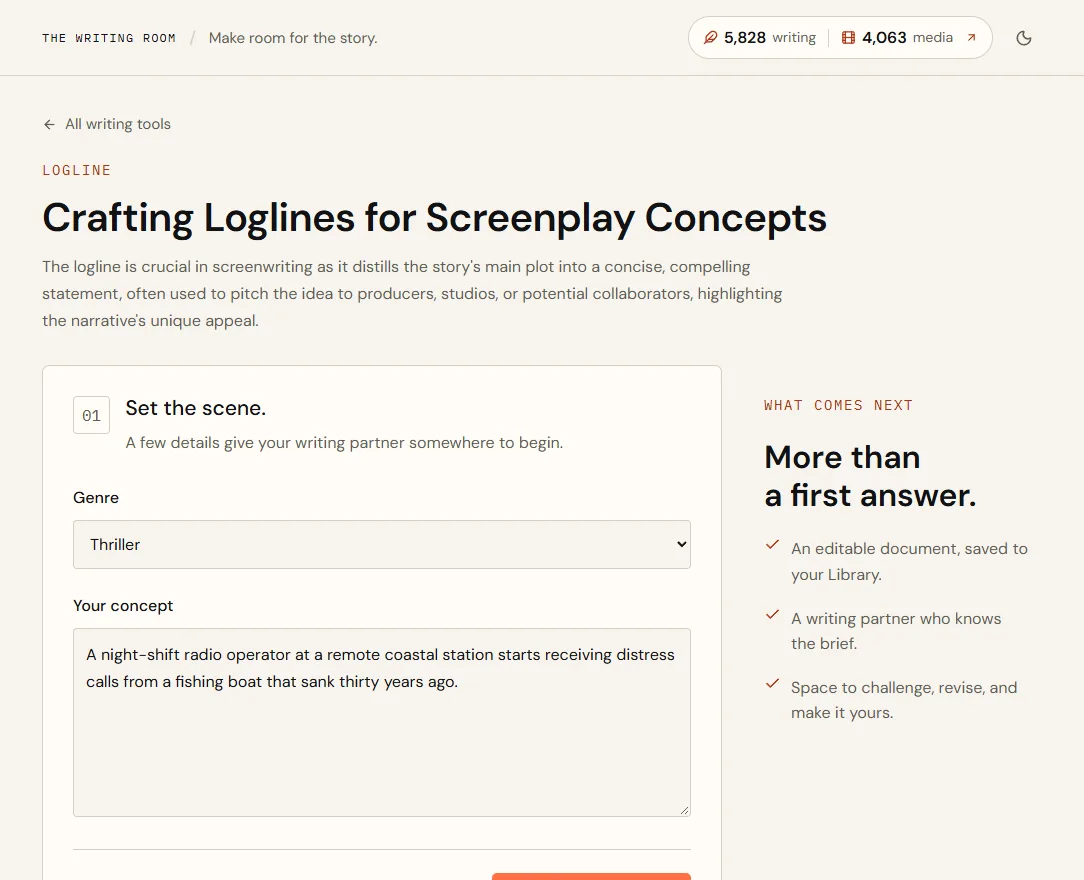 Crafting Loglines for Screenplay Concepts with its description, then the brief with genre Thriller and the radio-operator concept filled in