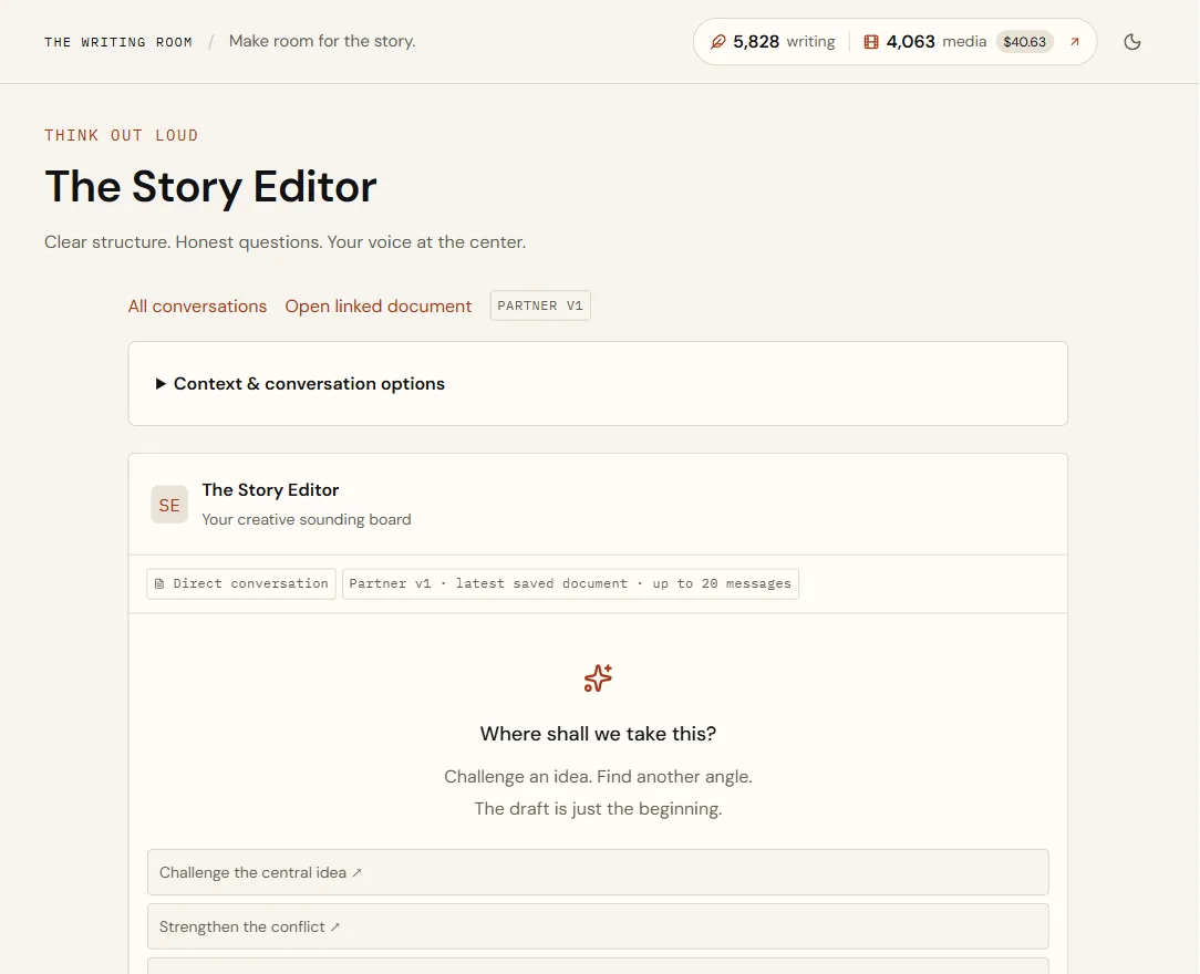 A conversation with The Story Editor, showing All conversations, Open linked document, Context and conversation options, and starter prompts