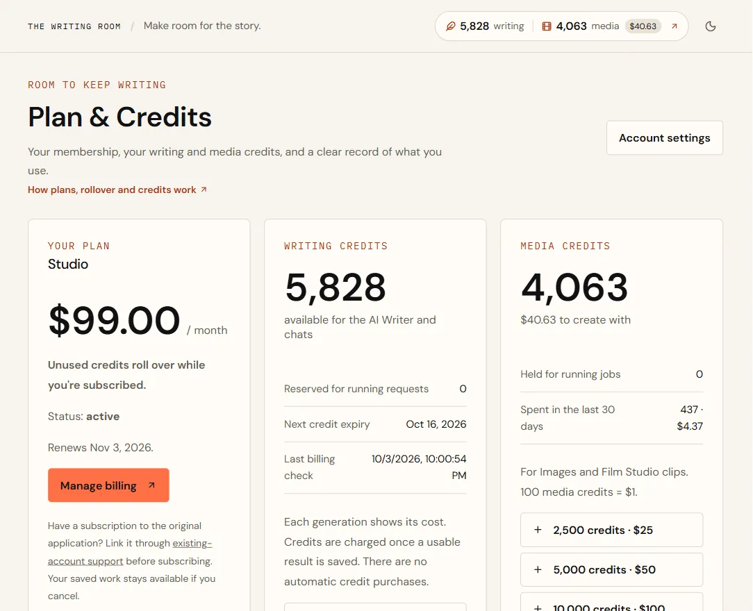 Plan & Credits showing the current plan, the writing credit balance with reserved credits and next expiry, and the media credit balance with packs