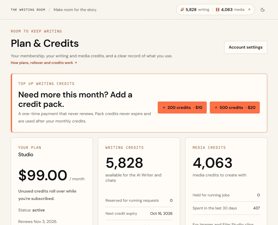 Plan & Credits with the Top up writing credits card first, then the current plan, the writing credit balance with reserved credits and next expiry, and the media credit balance