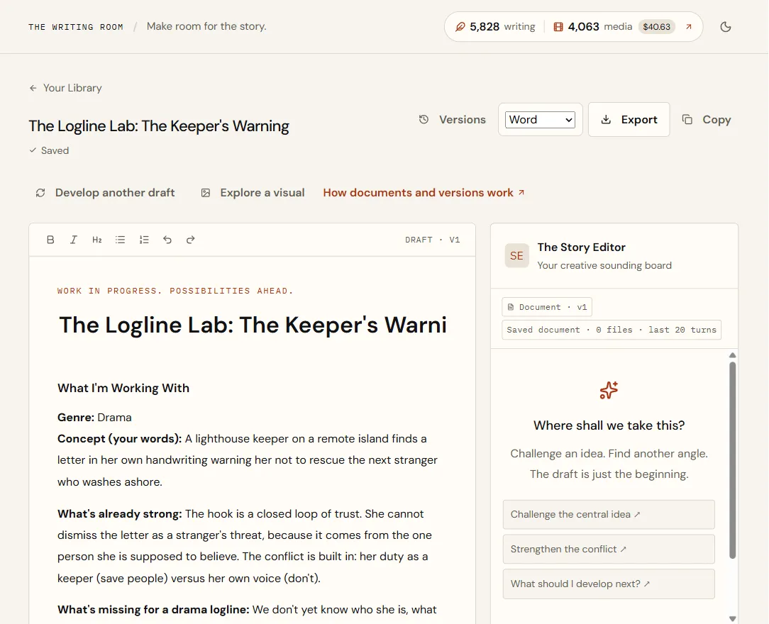 A document with Versions, a Word format menu, Export and Copy at the top, Develop another draft and Explore a visual, the formatting toolbar, and The Story Editor panel on the right