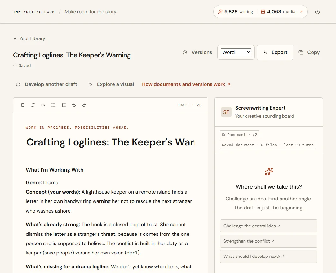 A document with Versions, a Word format menu, Export and Copy at the top, Develop another draft and Explore a visual, the formatting toolbar, and the Screenwriting Expert panel on the right