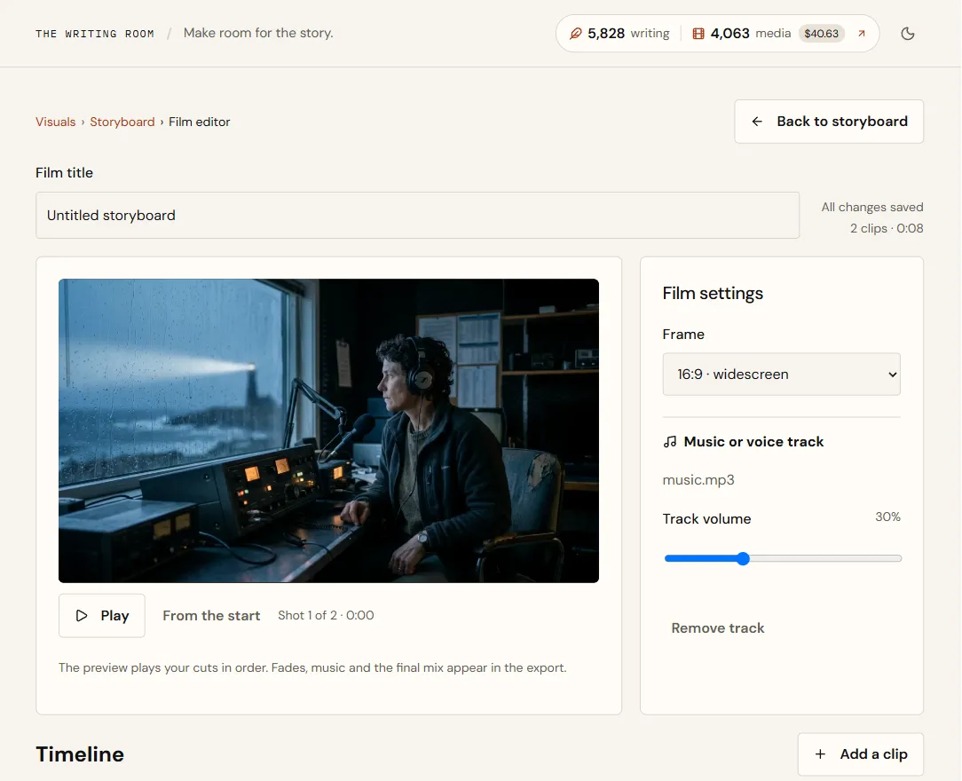 The film editor with the film title, a preview player showing Mara at the console, and Film settings with frame, music track and track volume