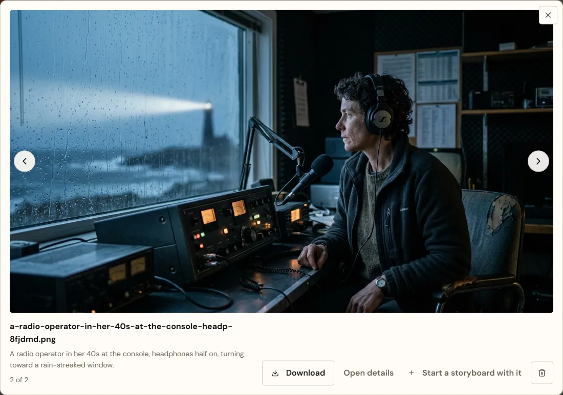 An image open in the viewer: Mara at the radio console, with arrows for the previous and next image, the file name and description, 2 of 2, and Download, Open details, Start a storyboard with it and the bin
