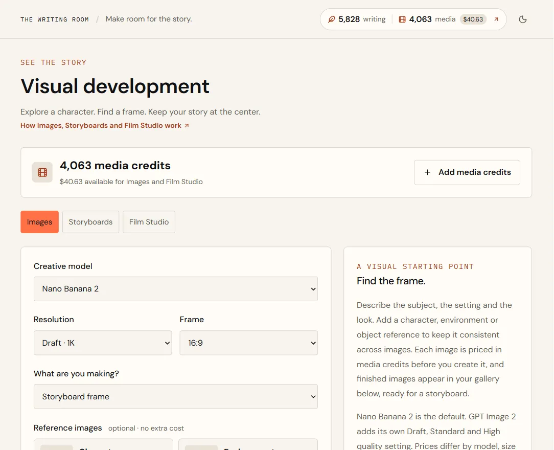 Visuals on the Images tab: the media credit balance, then Creative model, Resolution, Frame and What are you making