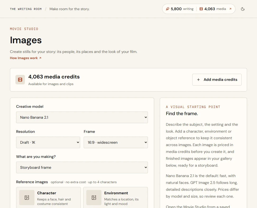 The Images page in Movie Studio: the media credit balance, then Creative model, Resolution, Frame, What are you making and the reference image slots