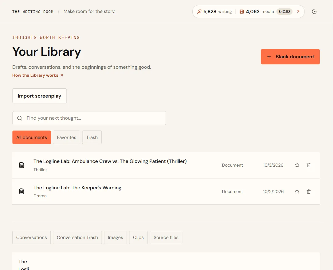 The Library with Blank document, Import screenplay, a search box, All documents, Favorites and Trash tabs, two documents, and lower tabs for Conversations, Conversation Trash, Images, Clips and Source files