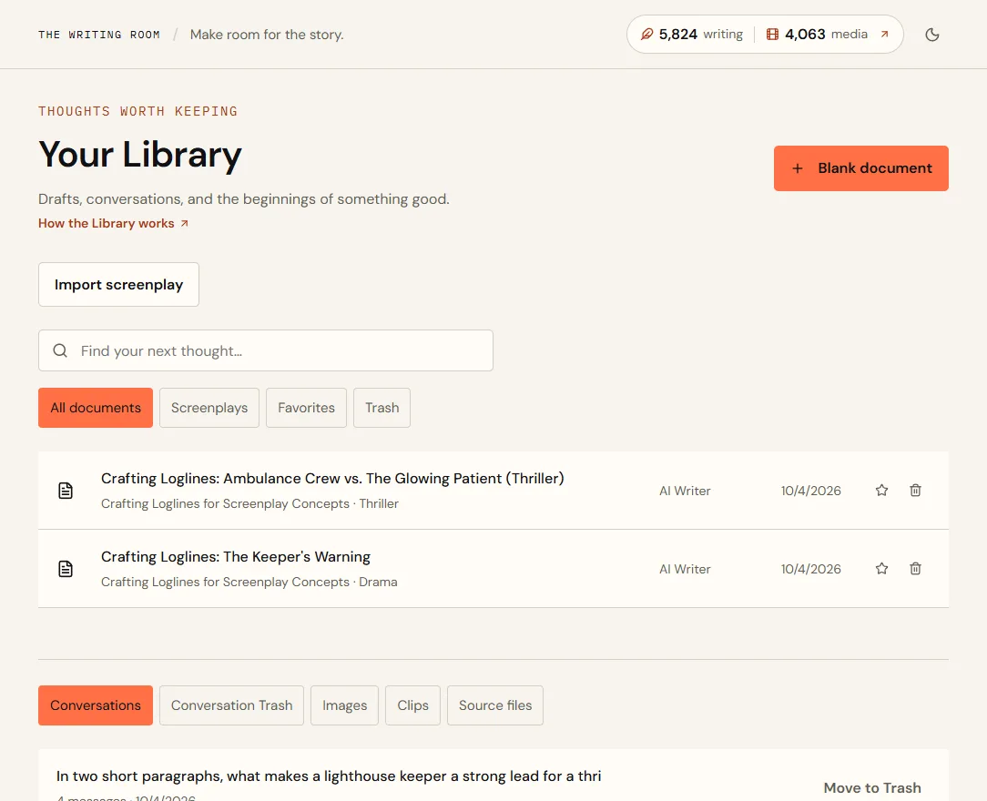 The Library with Blank document, Import screenplay, a search box, All documents, Screenplays, Favorites and Trash tabs, two documents, and lower tabs for Conversations, Conversation Trash, Images, Clips and Source files