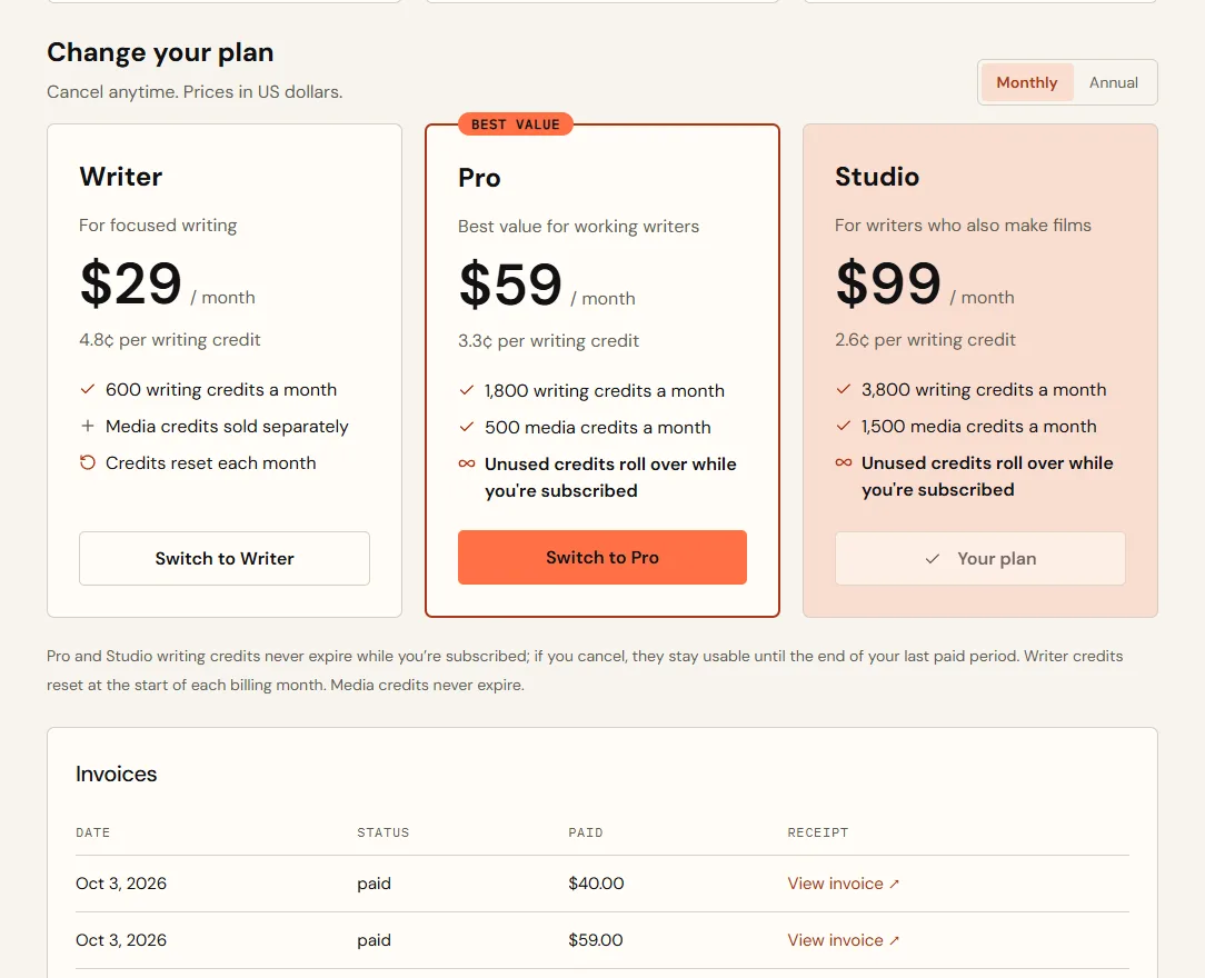 Plan cards for Writer, Pro and Studio with prices, monthly credits and rollover, a Monthly and Annual switch, and invoices below