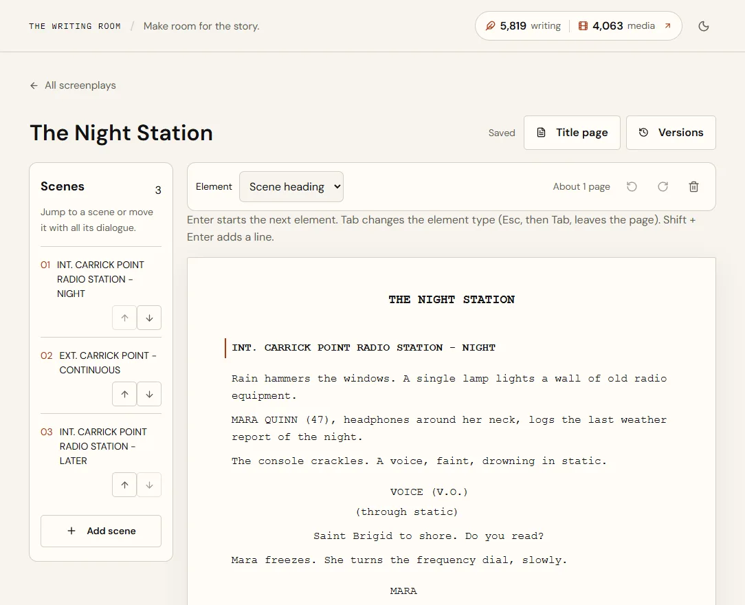 The screenplay editor with The Night Station open: the scene list on the left with three scenes, the element menu set to Scene heading, and the script page with a scene heading, action, and dialogue for VOICE (V.O.) and MARA