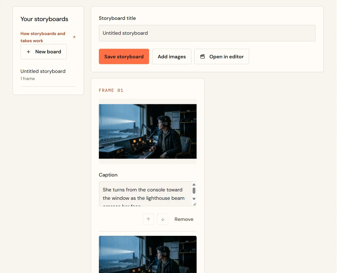 A storyboard with Save storyboard, Add images and Open in editor, and frame 01 showing Mara at the console with its caption