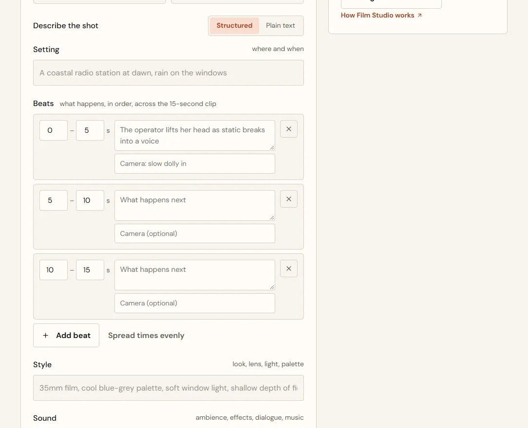 The Describe the shot editor with Setting, three timed beats each with a camera field, Add beat and Spread times evenly