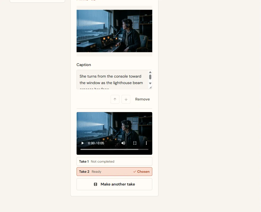 A storyboard frame with its clip player and two takes: Take 1 not completed, Take 2 ready and chosen, and a Make another take button