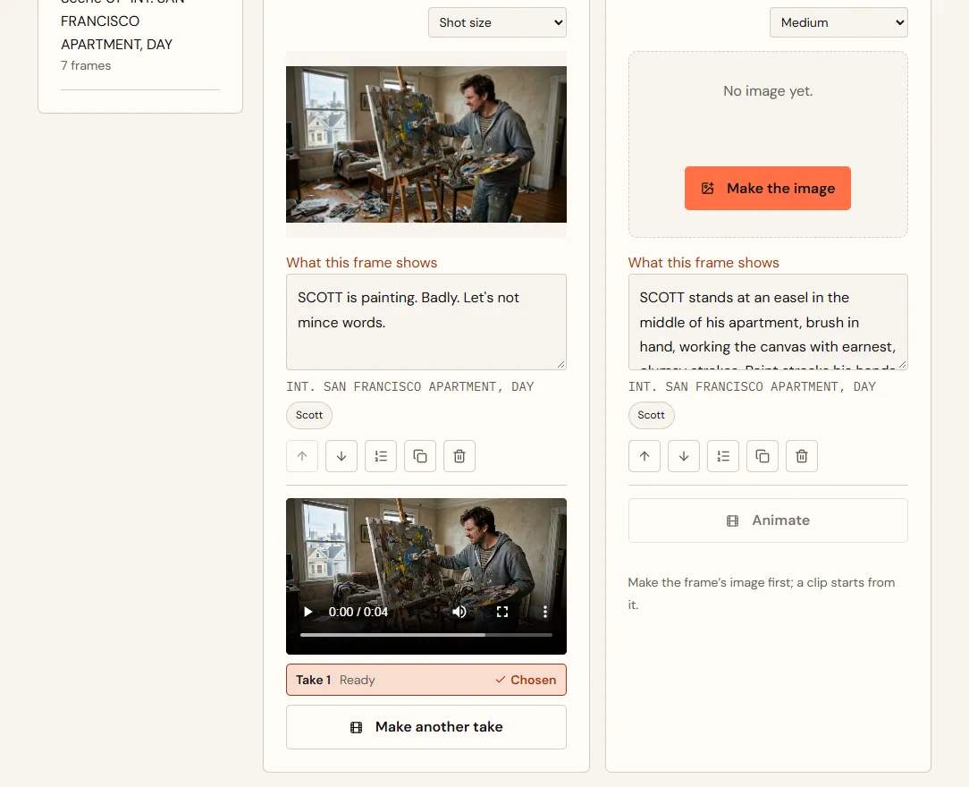 A storyboard frame of Scott painting, with its clip player, Take 1 ready and chosen, and a Make another take button; beside it, a frame with no image yet