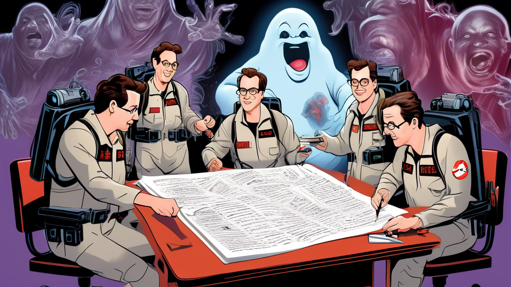 A detailed illustration of a screenwriter analyzing the beat sheet of 'Ghostbusters', with iconic ghosts from the movie hovering around and interacting with the script pages.