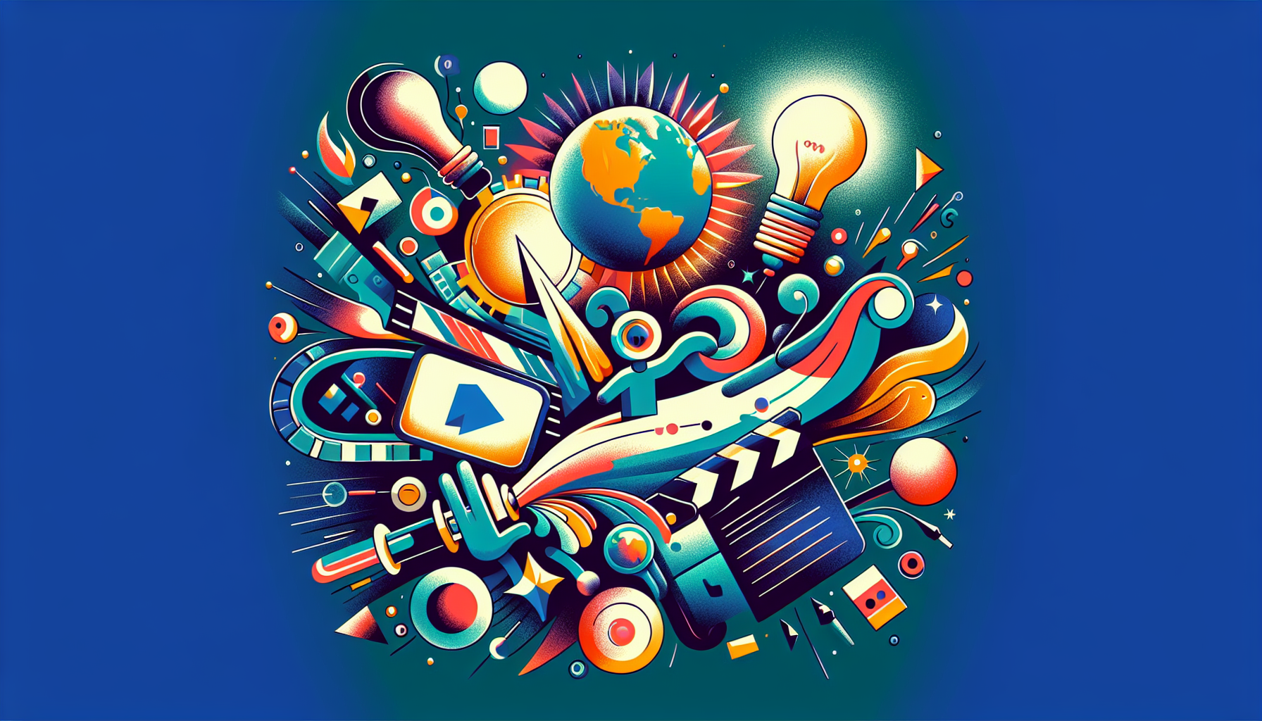 Illustrate an abstract concept of social commentary in the medium of animated films. The illustration should be wordless, emphasizing only the clever use of visuals. Incorporate elements suggesting both the light-heartedness and the serious undertones typically associated with this genre. The style should be contemporary and filled with brilliant colors.