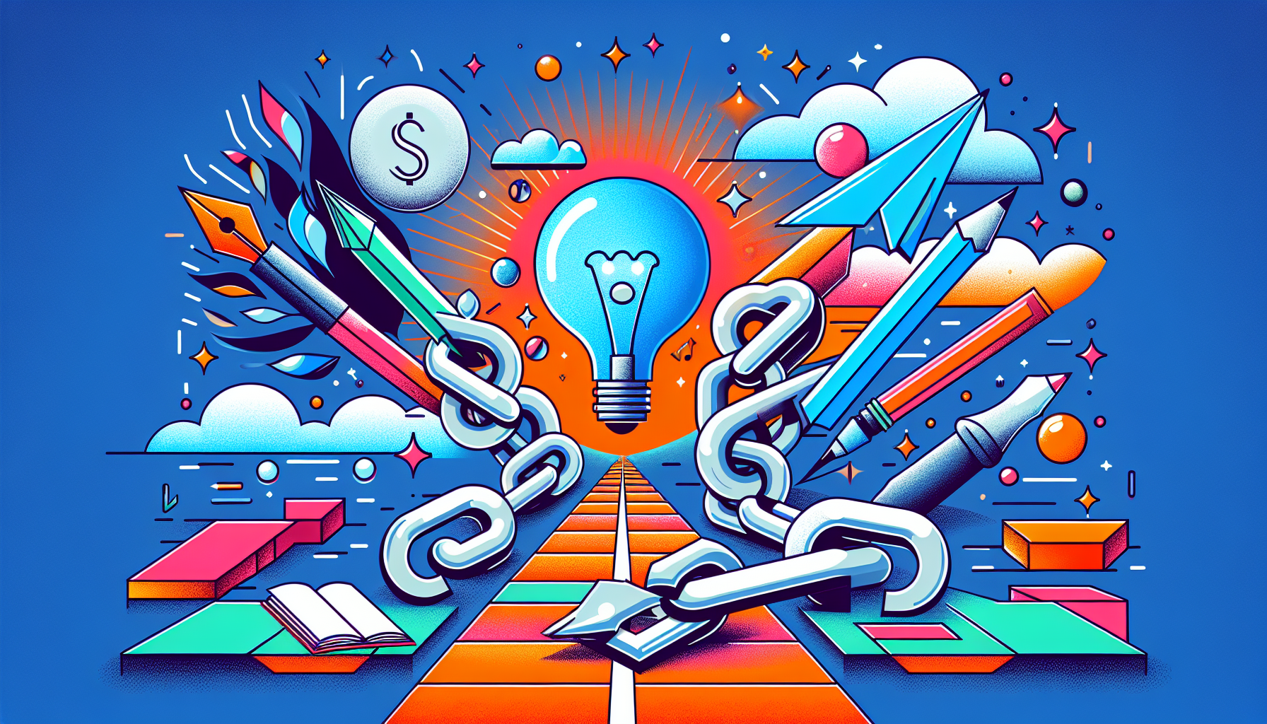 An abstract, modern, and colourful illustration depicting the concept of overcoming writer's block for screenwriters. The image could possibly include symbols like a broken chain symbolizing the breaking free from the block, a bright light bulb for the burst of inspiration, a fountain pen to represent writing, and a clear pathway, illustrating the newly found direction and progress. The elements should be arranged in an innovative and visually pleasing way to reflect the modern style.