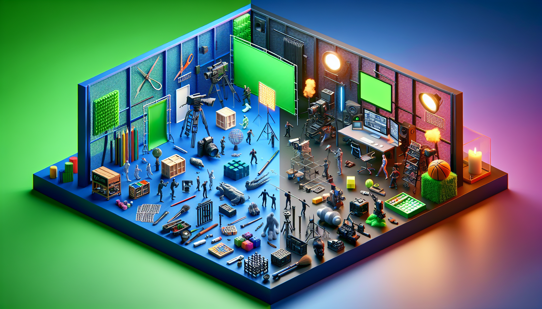 A photorealistic, overall modern image that represents the concept of choosing between practical effects and CGI for action scenes. On the left side of the image, show the practical effects section with props like miniatures, scaled sets, physical makeup and prosthetics. On the right side, visualize the CGI aspect with representation of green screens, 3D models, and computer workstations. Both sides should be vivid and colorful, symbolizing the rich variety of techniques used in modern filmmaking.