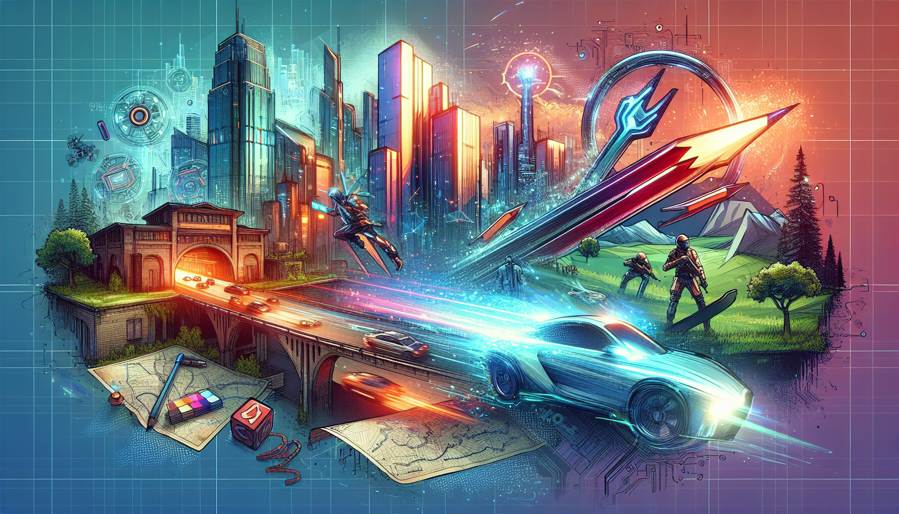 A photorealistic image capturing the essence of world-building for action stories. The scene should be colorful, emitting modern vibes. It might encompass elements like a crafted cityscape with gleaming skyscrapers, a high-tech futuristic gadget, hand-drawn maps, and engaging action illustrations such as a chase scene or a dynamic battle scenario. Each element should shine, harboring the potential to be an individual setting for an action story.