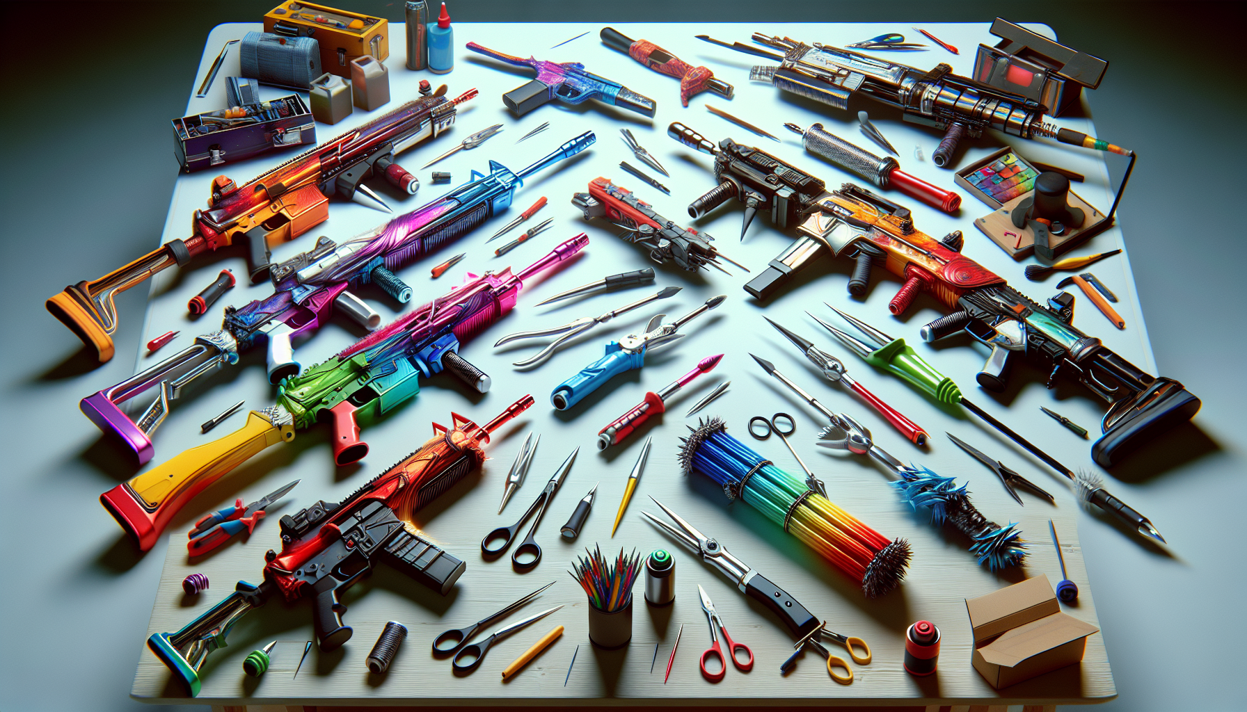 A photorealistic, modern and colorful image showcasing the process of crafting an iconic arsenal. Depict an array of unique and vibrant weaponry spread across a table, each weapon standing out with its distinct design and style. Included in the scene is a work-in-progress creation, with tools scattered around it, showing the effort and skill that goes into making these standout pieces. The overall atmosphere should convey an air of creativity and uniqueness, truly embodying the concept of giving a hero character a standout arsenal.