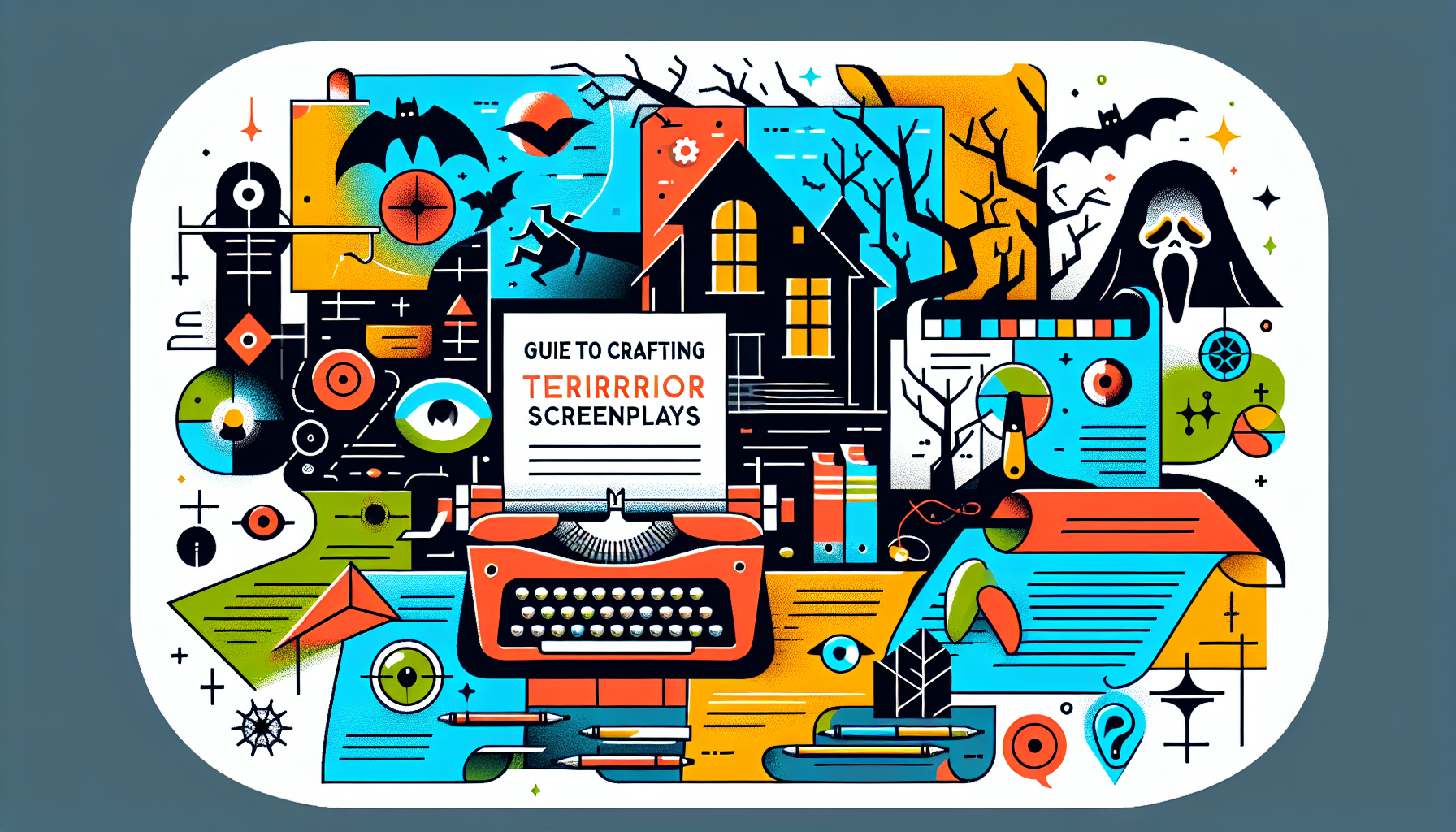 An illustrative representation of a modern and colorful guide for crafting terrifying horror screenplays. The image features elements of scriptwriting, such as a typewriter, scattered screenplay sheets, and symbolic horror genre representations like shadows, eerie-looking trees, and an old, haunted house. The design style should be crisp and vibrant, using a plethora of bold colors to highlight different components of the image, while also creating a balanced contrast to the horror elements.