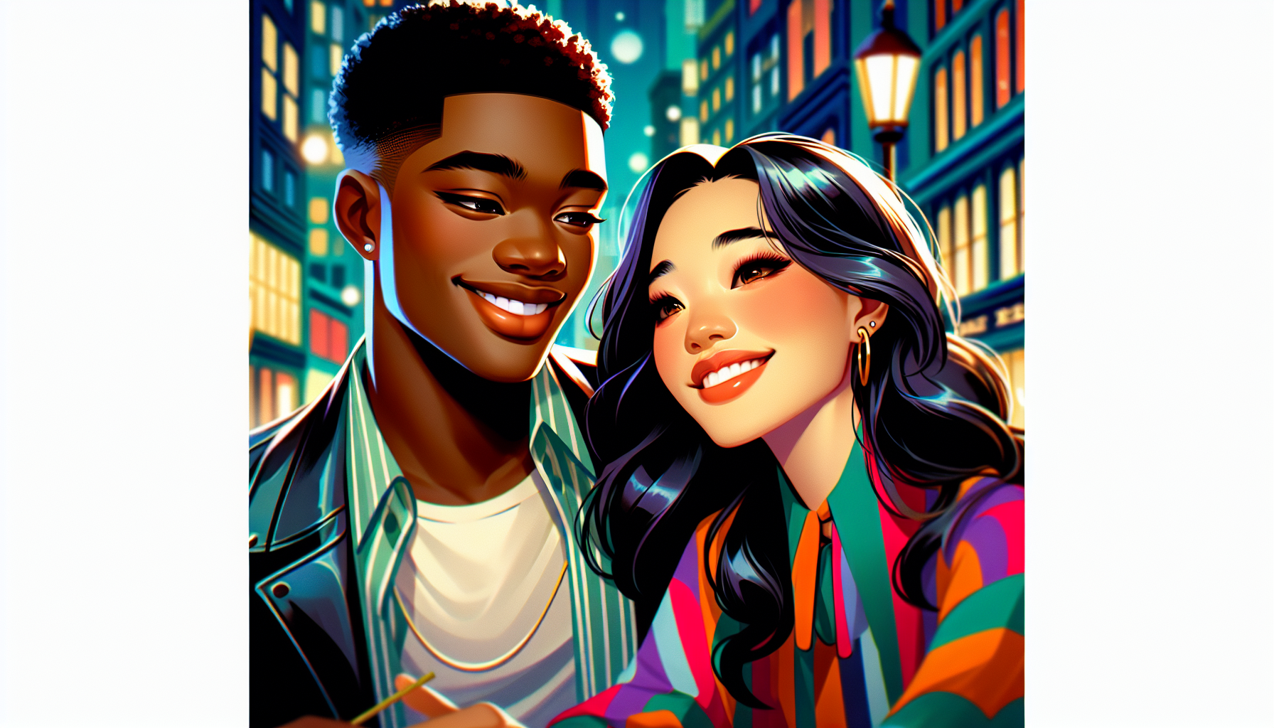 Design a vivid illustration of two dynamic and relatable main characters engrossed in an unforgettable romantic encounter. One character is a black male, with a charming smile and sparkling eyes that convey a sense of understanding and compassion. He's wearing a stylish, modern outfit. The other character is an Asian female, with expressive eyes and a radiant smile that spells warmth. Her modern, colorful attire complements her vibrant personality. Their chemistry is palpable as they share an intimate moment in a lively urban setting, adding to the story's modern theme. Their emotions and expressions should convey a sense of authentic, profound love. Remember, this scene should not include any text.