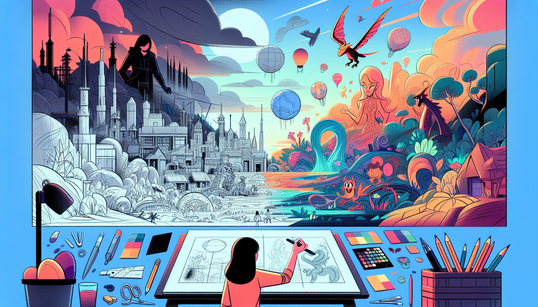 A visual representation of the importance of world-building in animated movies. The scene includes a person showing the progress of a rough sketch transforming into a detailed and vibrant world, showcasing various elements such as buildings, landscapes, and creatures. The person is an Asian woman, as a nod to the importance of diversity in animation. The color palette used should be modern and lively, creating a contrast between the simple, abstract rough sketches and the finished, detailed, and colorful world. The style should be contemporary, without mimicking the style of any specific artist or studio.