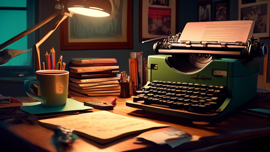 A cozy writer's room filled with screenplay drafts scattered on a large wooden desk, a vintage typewriter, a glowing laptop with open scriptwriting software, surrounded by iconic movie posters on the walls, under the soft light of a desk lamp, illustrating the journey of crafting a blockbuster screenplay.