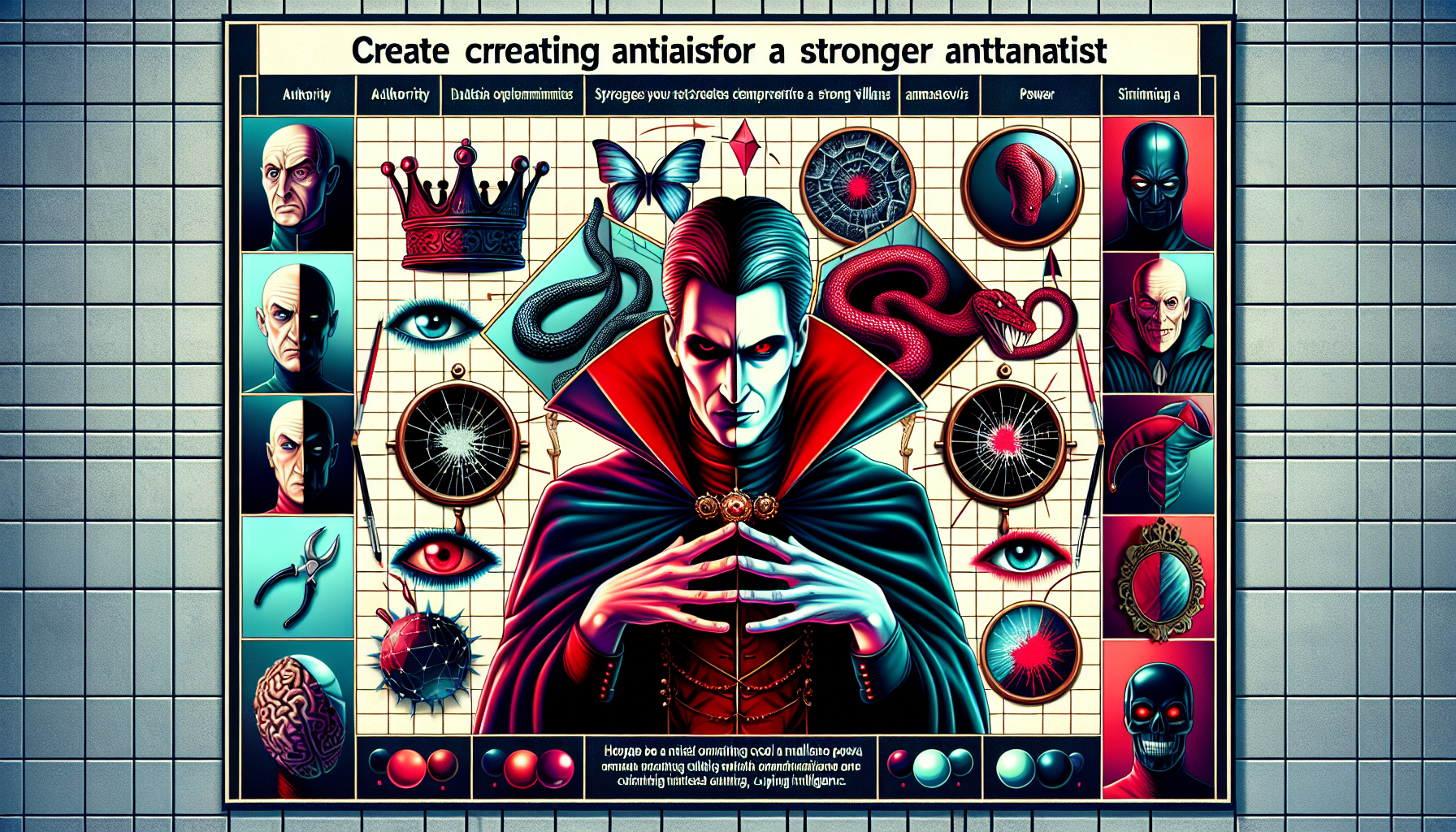 Create a photorealistic image that represents strategies for creating a stronger antagonist in a visually compelling way. The illustration should reflect modern artistic sensibilities and make use of vibrant colors. There should be various elements symbolizing the traits of a complex villain: perhaps a dark crown to represent authority, a shattered mirror for duality or deceit, a venomous snake as a symbol of danger, a red cape to denote power, and sinister, cold eyes displaying cunning intelligence. Remember, there should be no words within the image.
