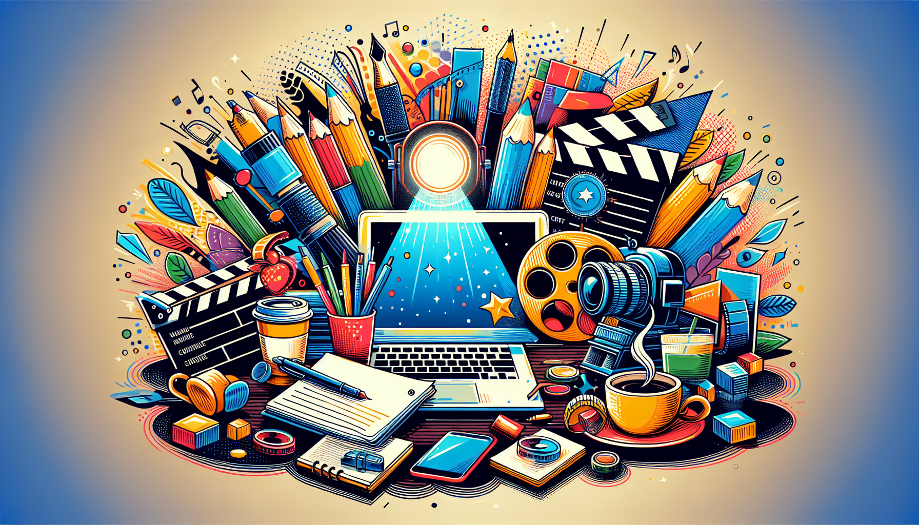 A creative and vibrant illustration representing the process of crafting a standout short film screenplay. The picture should be filled with modern items equivalent to writing screenplay such as laptops, fountain pens, notepads, coffee cups, and film reels. A spotlight illuminating the table holding these items symbolizes the importance of the process. Bright, catchy colors should be used to emphasize the creativity involved. Make sure to include a visually appealing background with abstract shapes and patterns, denoting a modern artistic style. The picture should not contain any words.