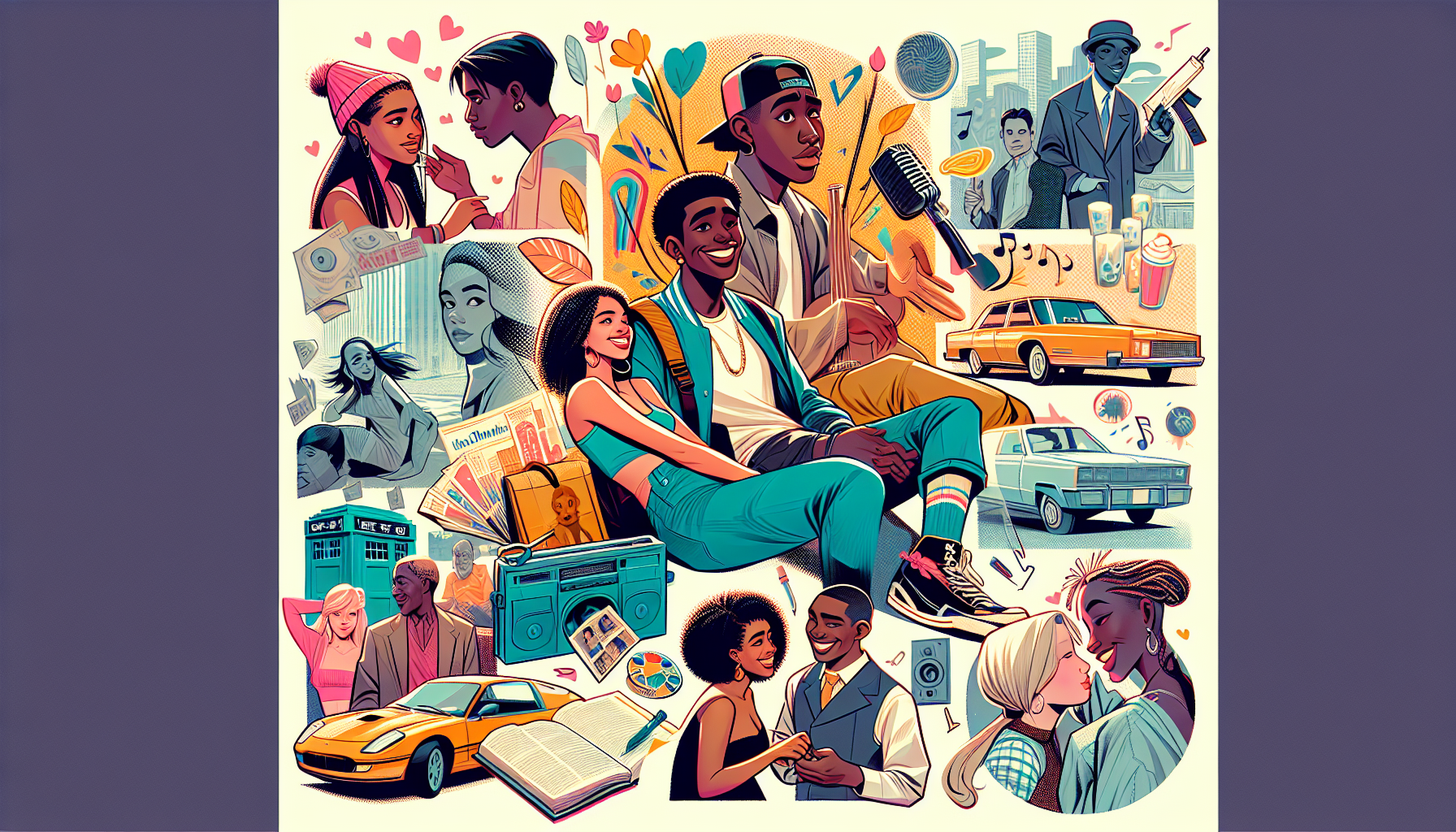 Create an illustration encapsulating a fresh take on the romantic comedy genre, steering clear of the usual clichés. The illustration should reflect the vibrancy of modern life and be rendered in vivid shades. It may feature two characters set in an uncommon circumstance that exemplifies their romantic connection, with subtle elements of comedy. Their physique, outfits and hairstyles should be representative of different continents, for example, one character to be a Black man and the other one a Caucasian woman, signifying diversity. Include easily identifiable elements that portray everyday life but sprinkle them with unexpected twists to symbolize the creative deviation from the clichéd romantic comedy storytelling.