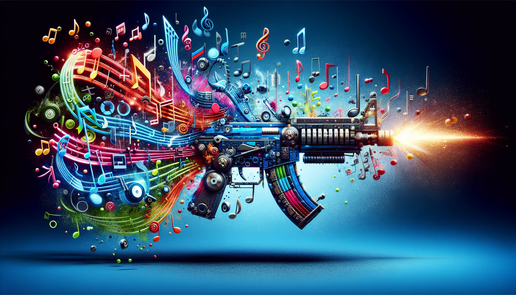 Visualize a concept for the ultimate action movie soundtrack, embodied as a weapon in a bright, modern style. There are no words, only music notes and symbols depicted with realistic textures and hyperrealistic lighting effects. Imagine this weapon being composed of different musical elements, each representing a unique track of the soundtrack, creating a colorful and dynamic illustration. The overall aesthetics should mirror the pacing, rhythm, and energy of an action movie, with bursts of vibrant colors and dramatic shadows, expressing the power of music in a spectacular way.