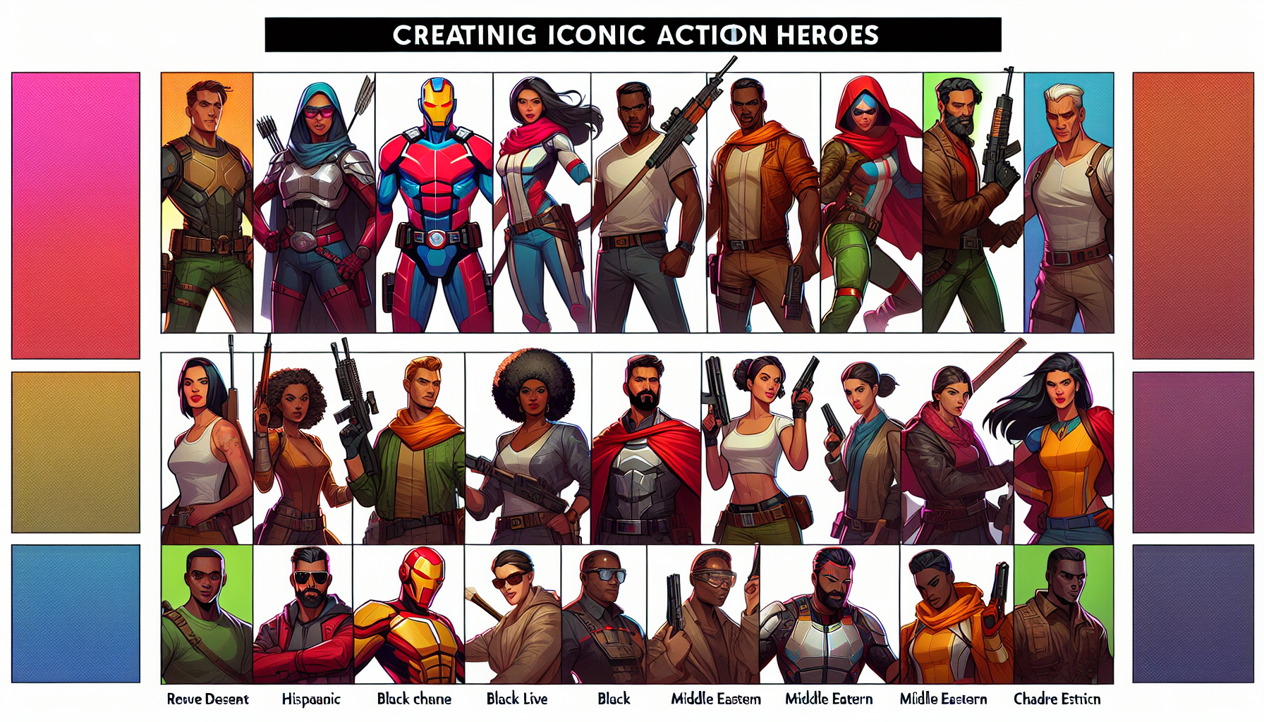 Create a visualization for a guide titled 'Creating Iconic Action Heroes'. It should display a variety of action character designs. Each character should be illustrated in vibrant and modern style. Aim for photorealism, and incorporate diverse descent and gender for each hero: we should see some Hispanic female heroes, Black male heroes, Middle Eastern female heroes, and so on. The overall tone should be engaging and energetic to reflect the action genre. No words should be included in the image.