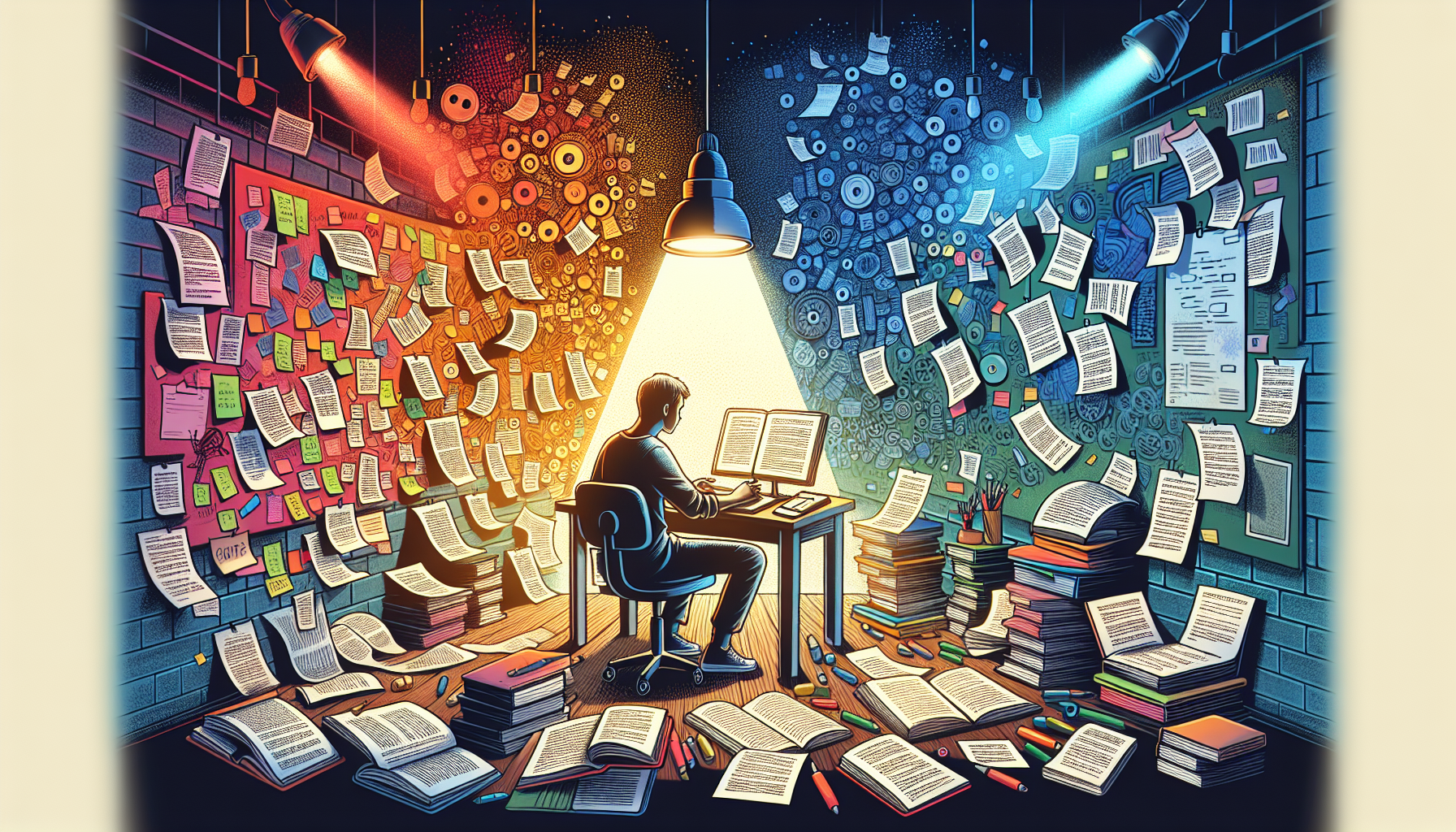 Create an illustration that depicts the process of enhancing screenplays in a modern and colorful style. The image should not contain any text. It might feature a person sitting at a desk, surrounded by books and scripts, under a bright spotlight. You might see a whiteboard filled with notes and mind maps. Perhaps the room is filled with vibrant colors from the many scripts and notebooks scattered around. The central figure is engaged in the act of writing, their determination captured in their focused gaze and hasty scribbles. The journey from basic script to a complex and enhanced one is shown through a gradual transition of scripts color and intensity.