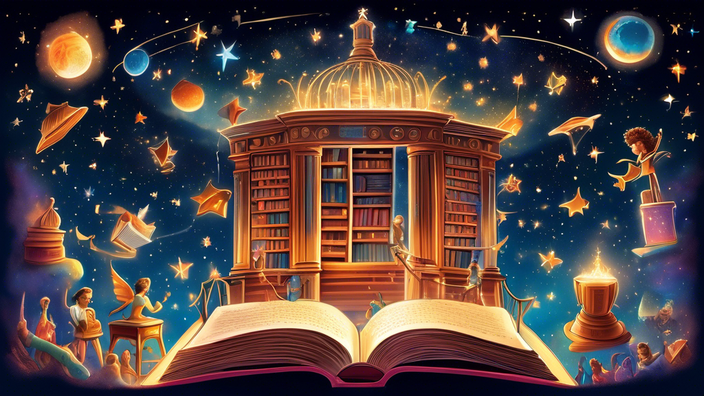 A vibrant, detailed illustration of a grand, illuminated stage set against a night sky filled with stars, where books with glowing, magical covers float towards a shining trophy at the center, with a diverse group of authors and characters from different genres watching in awe and excitement.