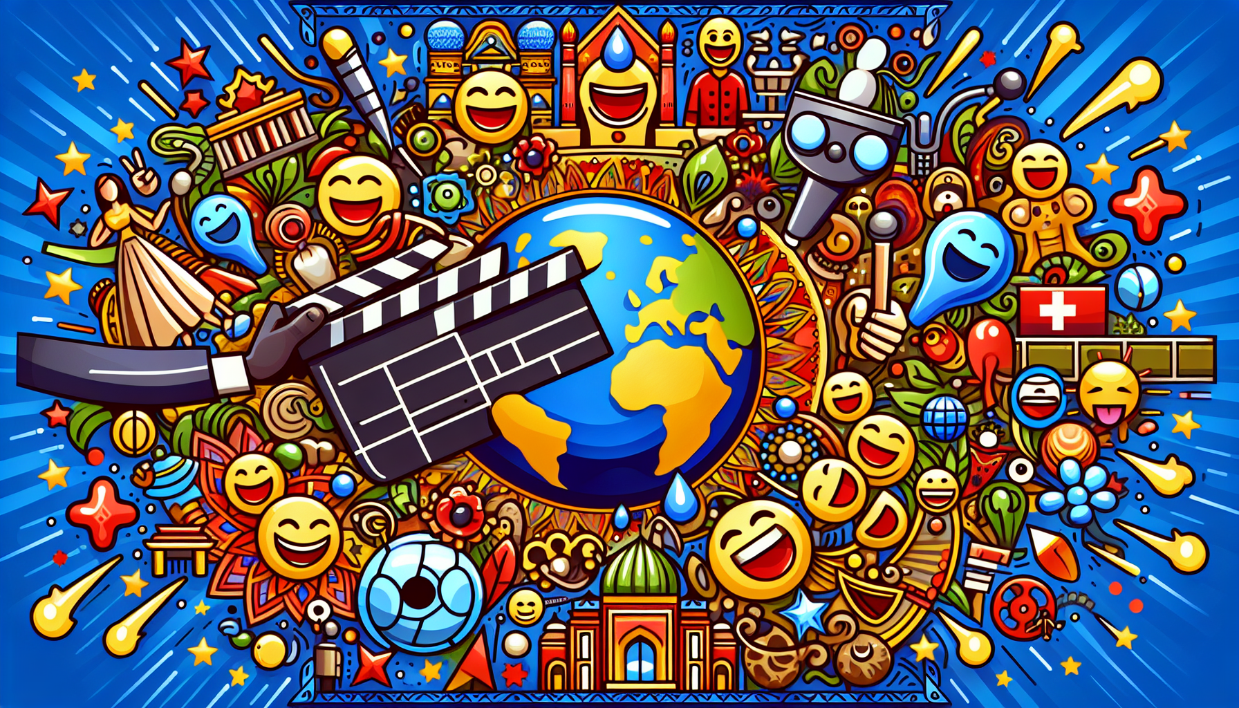 Illustrate a symbolic image depicting the concept of crafting comedy movies for a global audience. Include vibrant colors, cartoon-like styles, and contemporary elements like a film clapper, a globe dotted with laugh emojis, and various nationally identifiable symbols like monuments or traditional clothing to signify different regions. Make the overall atmosphere jovial and laughter-filled, reflecting the humor and joy that comedy movies bring to their audiences worldwide.