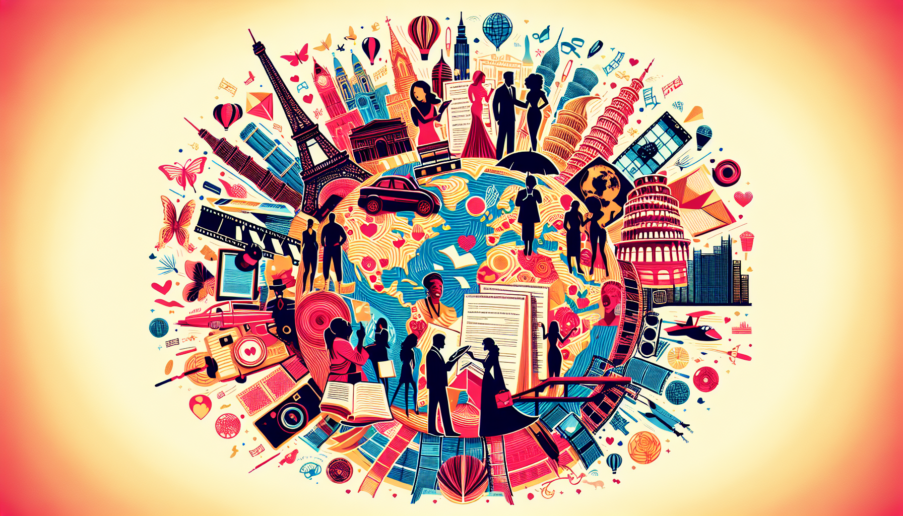 Create a coherent and vibrant illustration symbolizing the concept of 'Global Romance: Adapting Your Screenplay for International Markets'. The design should lean towards a modern aesthetic. Picture silhouettes of various iconic world landmarks, like the Eiffel Tower, the Pyramids of Egypt, the Great Wall of China, and others, transcending across a globe scattered with script pages and film reels. Grant the illustration a sense of unity and love by showcasing various couples of different descents, such as a black woman and Caucasian man in Paris, a Hispanic man and Middle-Eastern woman in Egypt, an Asian man and white woman in China. These couples could be engaging in activities such as reading scripts, writing, acting or watching a movie. Remember the illustration should not contain any text.