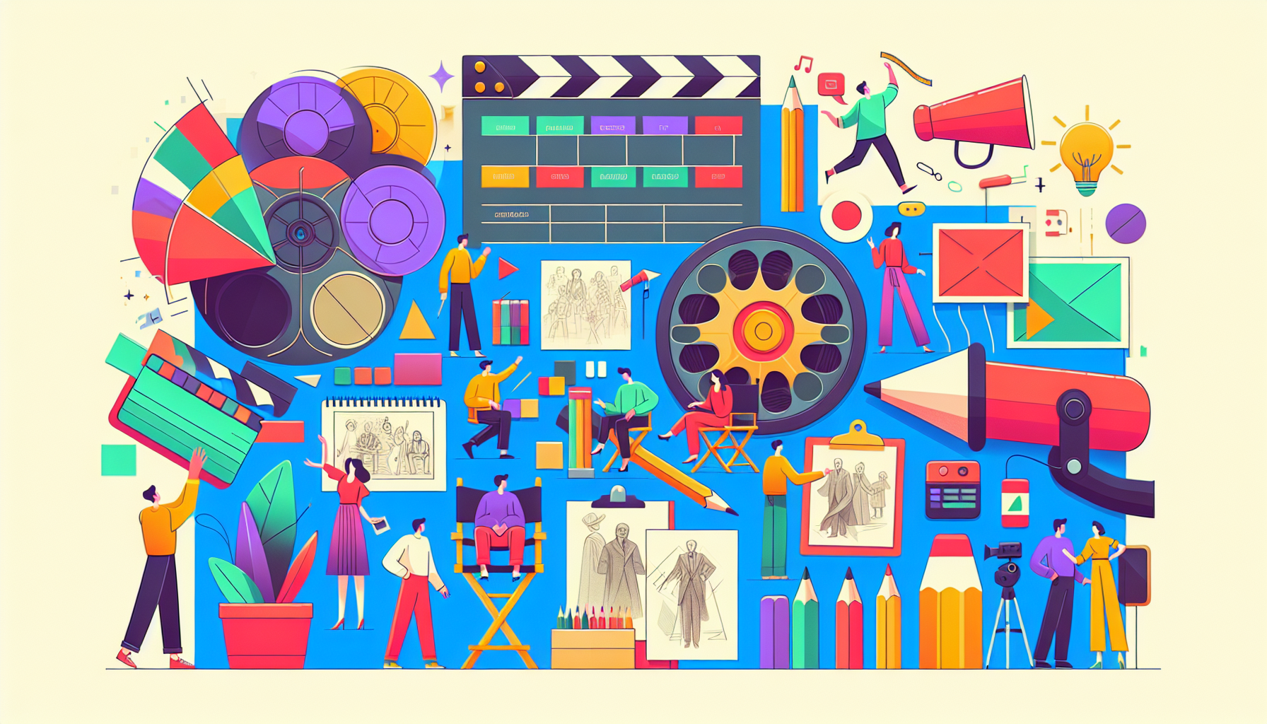 Create an illustration showcasing iconic traits of animation direction. Feature a vibrant color palette and a contemporary aesthetic. Include elements such as characters interacting with film reels, pencil sketches evolving into colorful animations, and a director's chair and megaphone as central motifs. Make sure to keep the image wordless to emphasize visual storytelling.