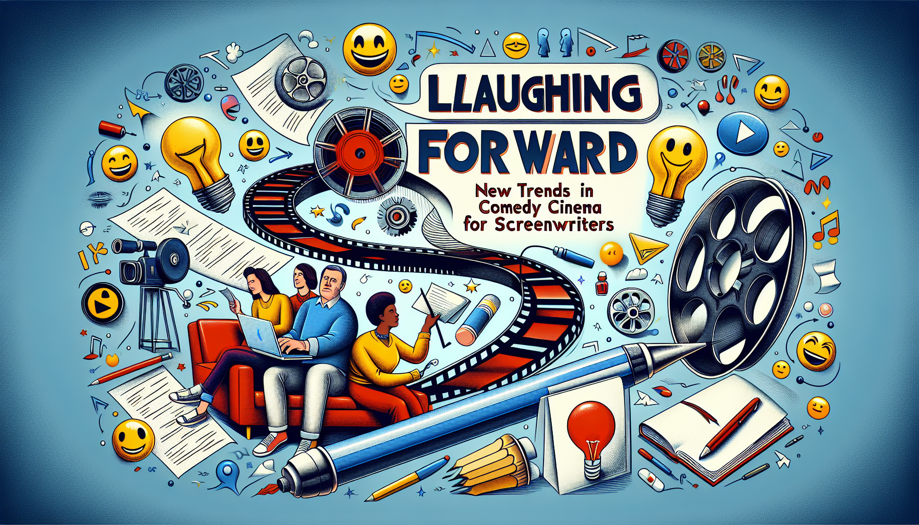 A conceptual illustration symbolizing the phrase 'Laughing Forward: New Trends in Comedy Cinema for Screenwriters.' Please focus on modern and vibrant colors. The image may include elements such as a cinema reel, a pen, a light bulb, and emoticons to represent comedy and writing. People are not required in the image, but if included they should be racially and gender diverse. The narrative should be forward-looking and upbeat, in line with current trends in comedy cinema.