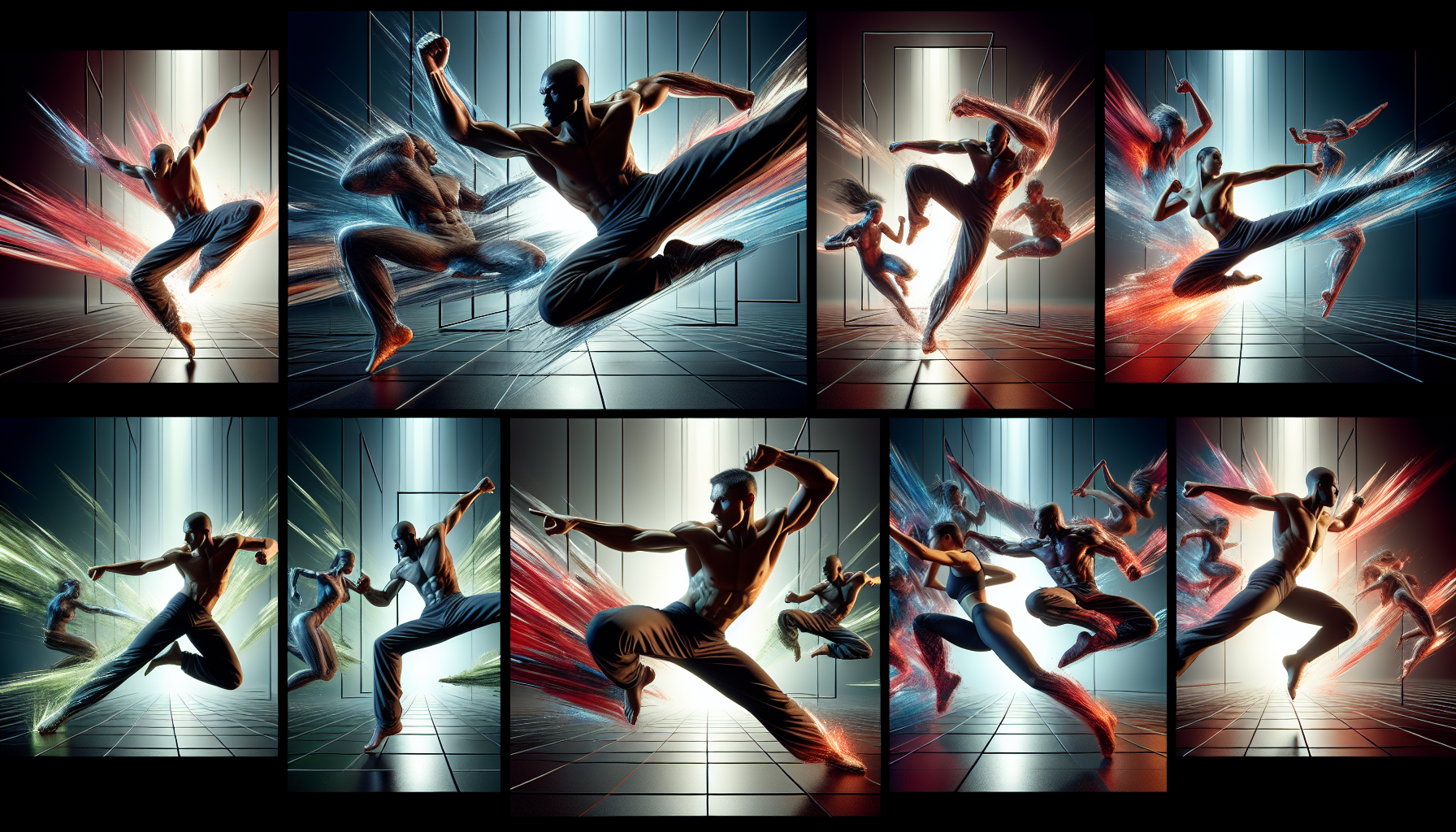 An intricately choreographed action sequence captured in a series of highly detailed, photorealistic frames. The scene is filled with dynamic poses hinting at agile movement and powerful strikes, under dramatic lighting that emphasizes depth and muscular anatomy. Both participants in the action sequence, Black male and Caucasian female, are in mid-motion, their bodies twisted in an expression of kinetic energy. All around, vivid, modern colors explode onto the scene, casting interesting highlights and shadows, adding a sense of urgency to the sequence. Boxes or panels are imposed on the sequence indicating a flowing storyline.