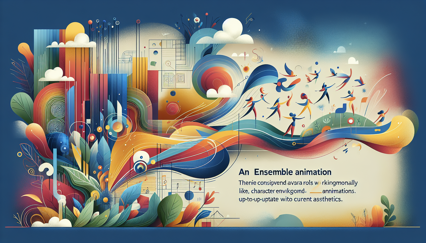 An image representing the concept of ensemble animation. The scene contains abstract elements that symbolize various roles working harmoniously, like characters, environmental art, backgrounds, and animations, all blended together into a dynamic and fluid narrative. Incorporate a color palette that is vibrant and full of life, up-to-date with current aesthetics. This illustration should narrate a compelling narrative without using any words but only visual elements.