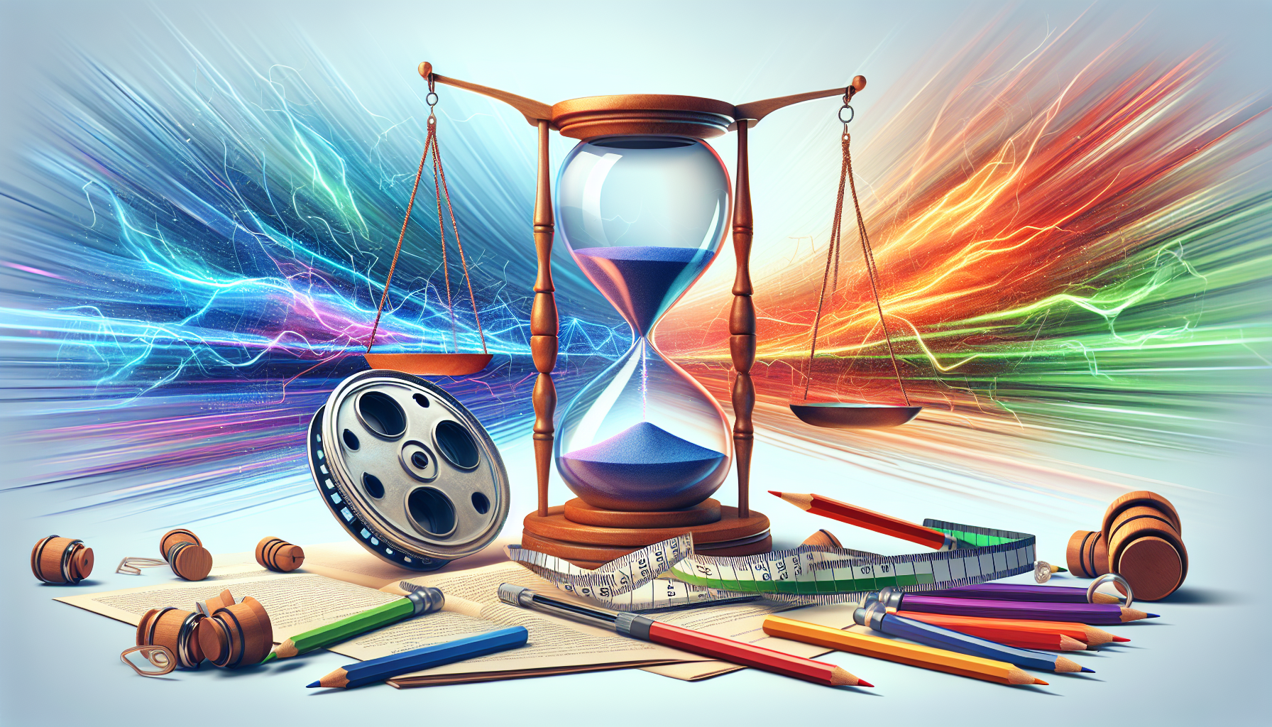 An illustrative representation of the concept of 'Mastering Tension: The Art of Pacing in Action Scripts'. Depict this in a photorealistic style with the use of a wide array of bright and modern colors. The scene might include elements like: an hourglass to symbolize time, a film reel to show scripts, a balance scale to demonstrate tension and pacing, and energetic, blurred lines in the background to imply movement or action. Please make sure that no words are present in the image.