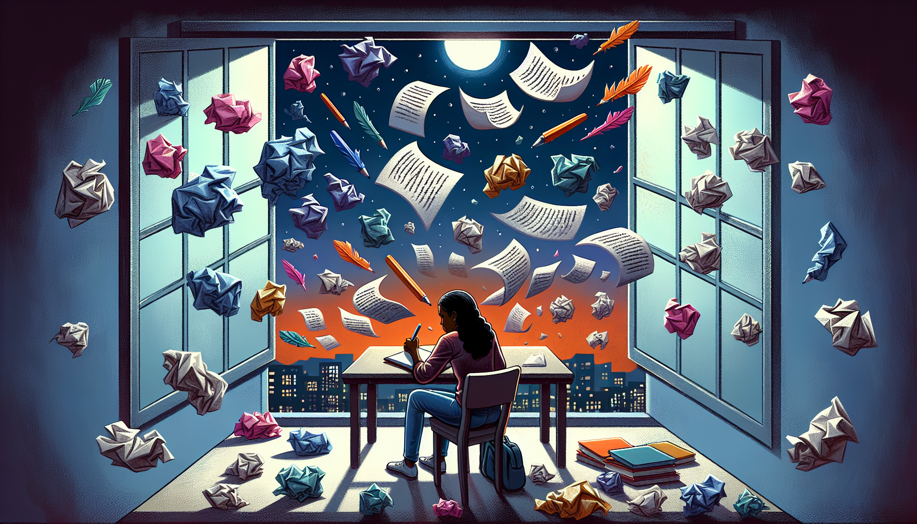 Illustrative depiction of a person overcoming writer's block within a single evening. The scene to be painted in modern style with ample color. The individual, a Black female, sitting indoors near a window showing the evening scenery, laden with a crumpled page in one hand and a pen in the other. Surrounding her, hovers chunks of torn paper symbolizing discarded ideas. Gradually, the pieces of paper smooth out, messages on them clear up, their colors brighten, eventually merging into a vibrant stream of words flowing into an open notebook on her desk.