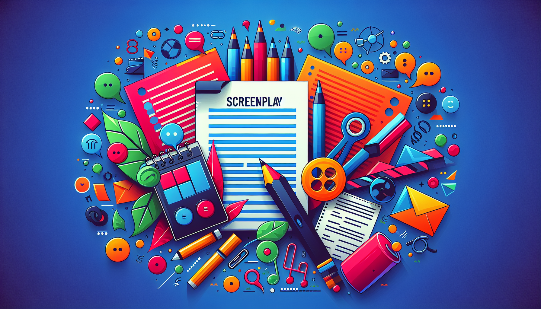 Create an illustration showcasing the essentials of screenplay formatting. The image should be vibrant with colors and reflect a contemporary design aesthetic. It should involve various elements related to screenplay formatting such as script pages, scriptwriting tools, and dialogue bubbles. However, the image should not contain any text, relying entirely on visual elements to convey the information.