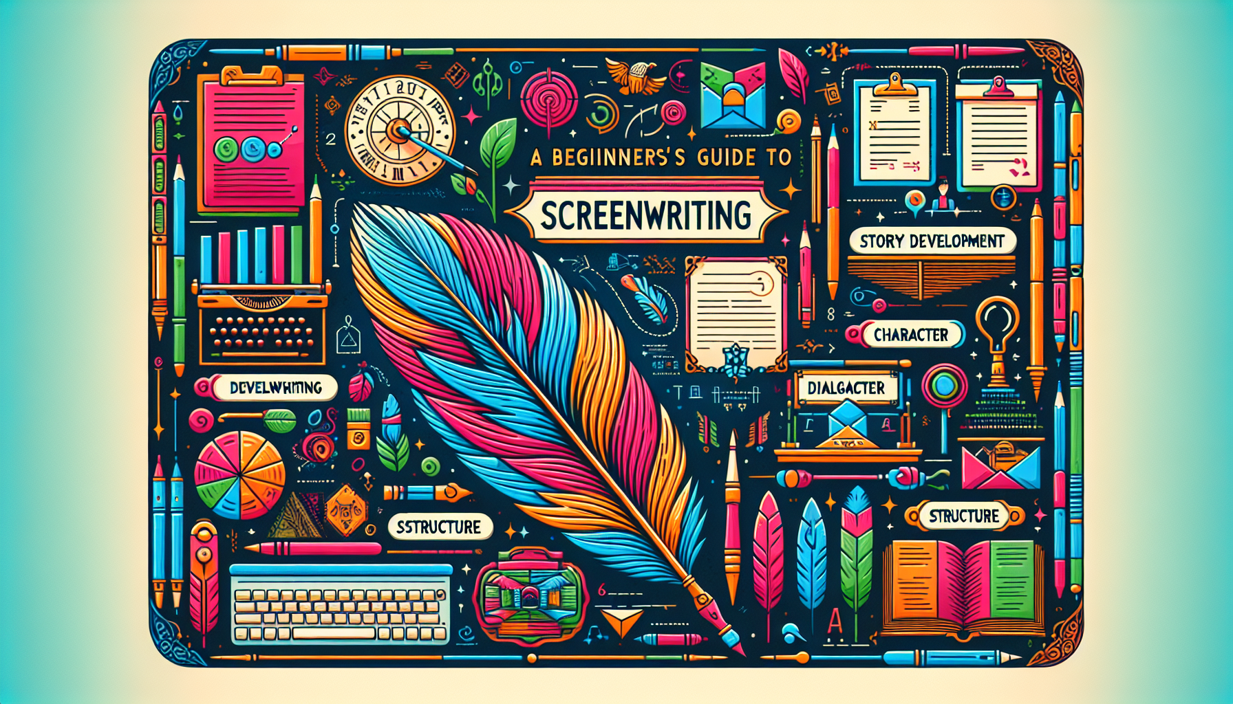 Visual representation of a beginner's guide to screenwriting. The guide should be colorful and incorporate modern aesthetics. The image includes several sections such as story development, character creation, dialogue writing, structure and formatting. These sections should be uniquely symbolized with appropriate graphics and images. There is a large, ornate feather quill pen in the center indicating the art of writing. The entire scene is complemented with a vibrant color palette imbuing a lively, creative atmosphere. However, there are no written words in the image.