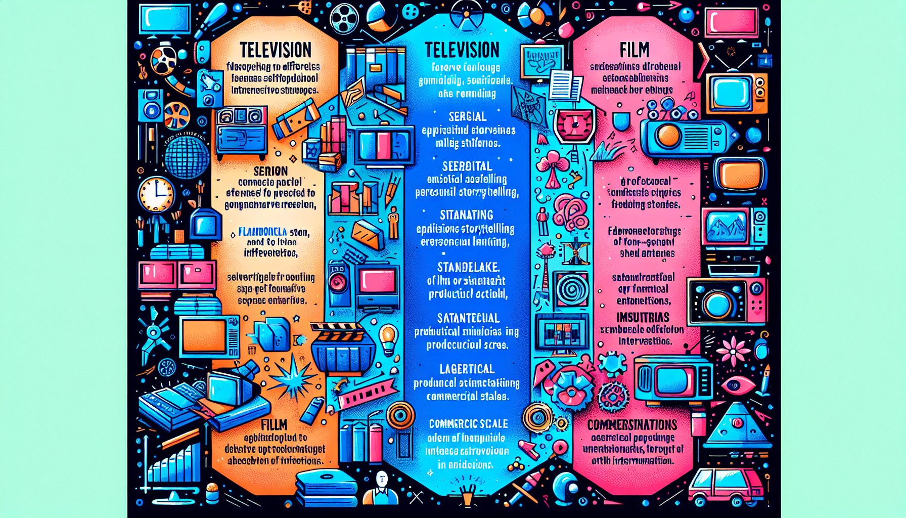 Illustration defining the key differences between television and film, in an artistic and modern style. On one side of the image, showcase symbolic characteristics of television - involving factors like a serial format, episodic storytelling, and frequent commercial breaks. On the other side, display representative elements of films like a standalone, longer narrative, larger production scales, and the absence of commercial interruptions. The illustration should be colorful with vibrant hues used to differentiate between the two mediums.