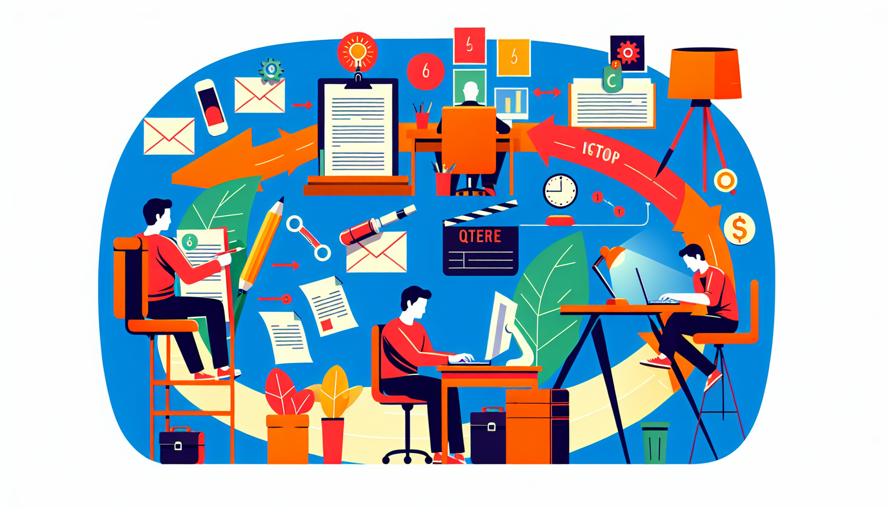Illustration representing the process of acquiring a screenwriting agent in a step-by-step manner, devoid of text. The style of the imagery should be vivid, filled with bright, eye-catching colors and modern design elements. It might include scenes such as a screenwriter working diligently at a desk, sending query letters, meeting with potential agents, and finally signing a contract. It's essential that each step should be distinctly separable and visually indicative of the process they represent.