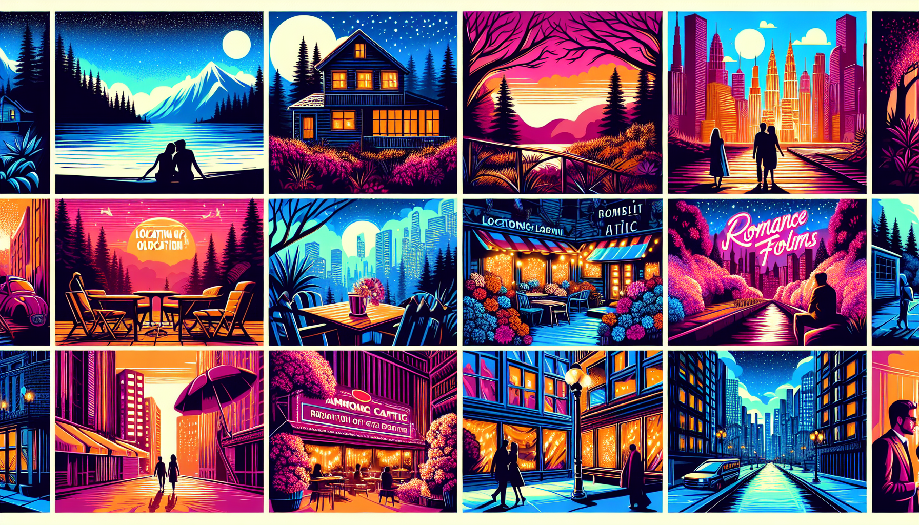 A visual representation of the impact of location in romance films. Depict various iconic locations from fictional romance stories such as a moonlit beach, a cozy cabin in the mountains, a charming city street cafe, a serene park filled with blooming flowers, and a bustling energetic cityscape. Use bright and modern colors to bring these diverse settings to life, reflecting the ambiance, emotion, and romantic energy of these typical cinematic locations. The style should be colorful, contemporary, and deeply emotional, emphasizing the significant role of location in setting the mood for passionate love stories.